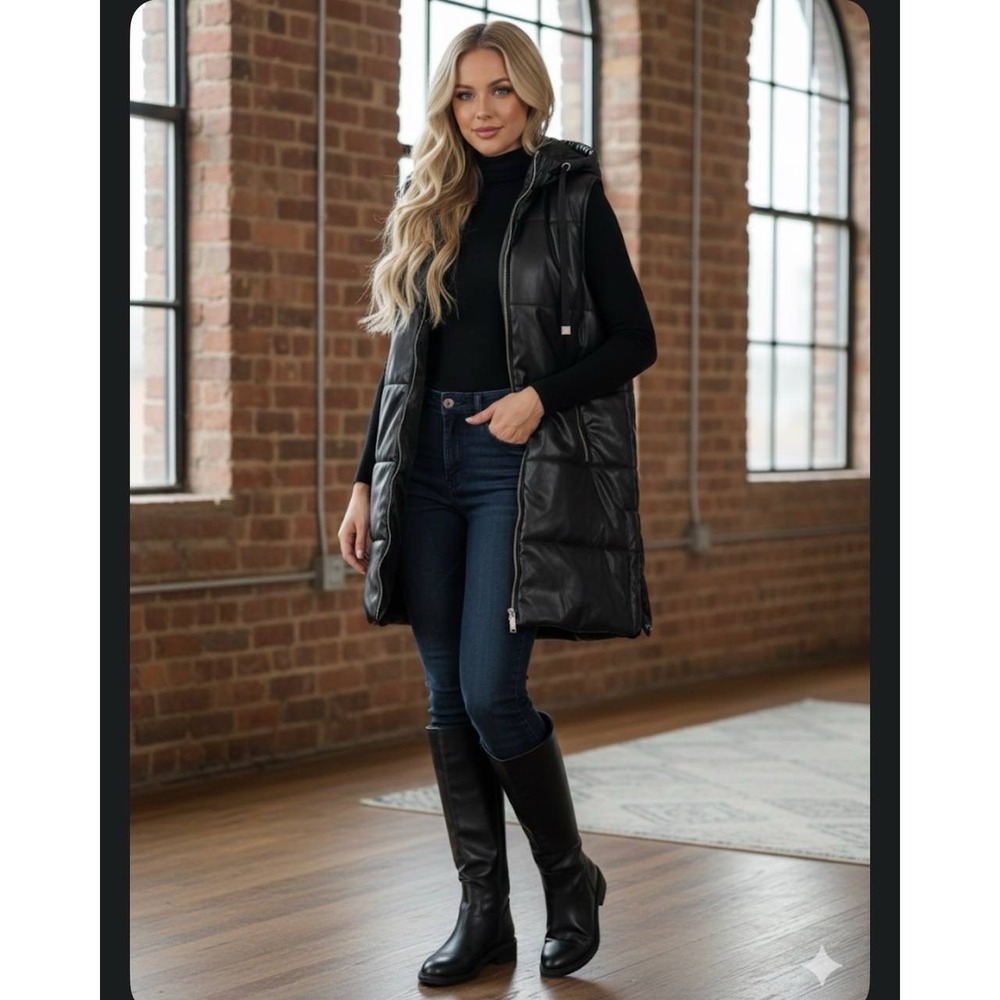 Fashion‎ Nova Acting Up Faux Leather Puffer Long Vest Black Women's Sz S Hooded